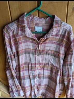 American Eagle Outfitter Women's Terracotta Distressed Cotton Plaid Buttons (L)